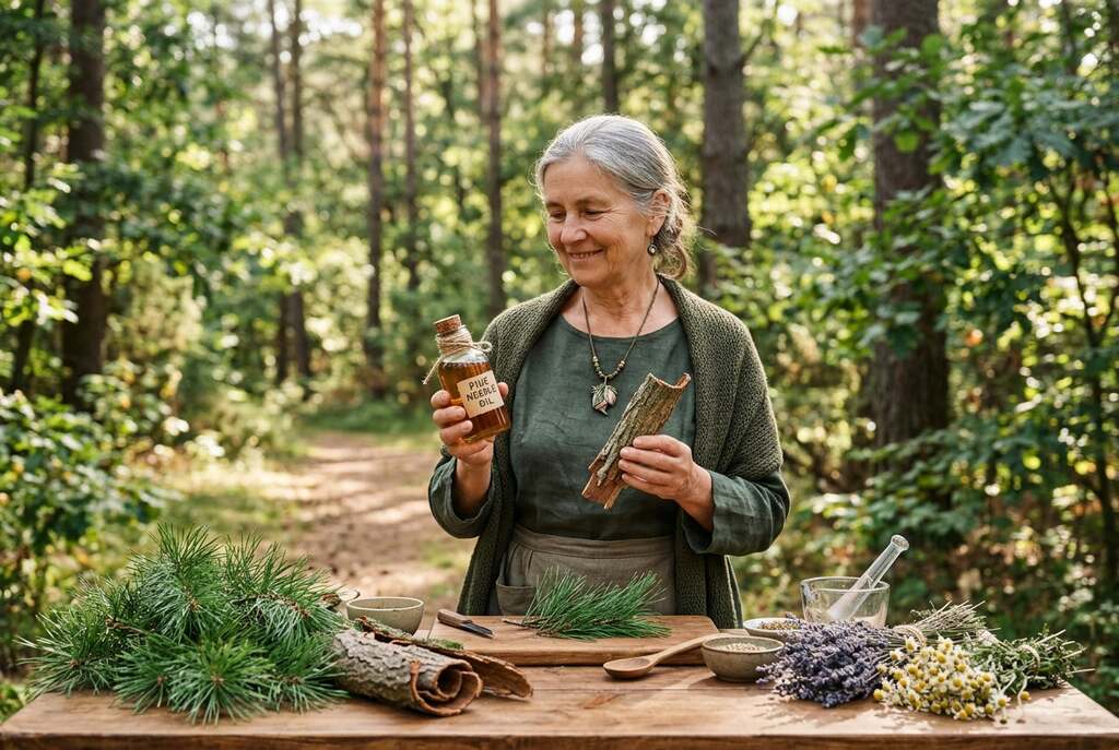 A serene, natural setting featuring a peaceful European herbalist in a modest outfit, gently holding a small, rustic bottle of pine needle oil in one hand and a piece of willow bark in the other. In the foreground, vibrant green pine needles and textured willow bark lay on a smooth wooden table. The middle ground includes lush greenery and soft sunlight filtering through trees, creating a warm, inviting atmosphere. The background features a tranquil forest scene, with dappled light illuminating the foliage. The composition is framed with warm, natural colors, evoking a sense of well-being and holistic healing. The lighting is soft and diffused, casting gentle shadows that enhance the organic elements in the image.