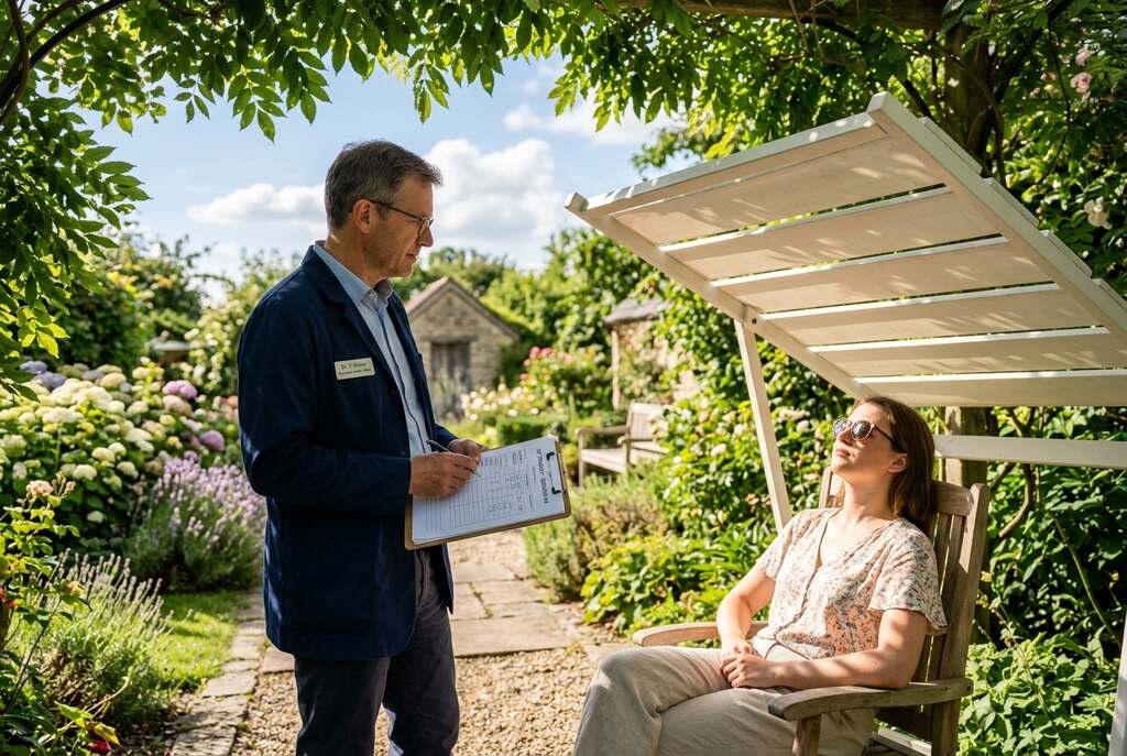 A serene outdoor scene depicting a European doctor in a professional attire, closely monitoring a patient during a sun exposure therapy session. In the foreground, the doctor, a middle-aged man with glasses and short hair, holds a clipboard while observing the patient, a young woman in modest casual clothing, sitting comfortably under a sunshade. In the middle ground, soft sunlight filters through a gentle array of green leaves, creating dappled patterns on the ground, symbolizing the healing power of sunlight. The background shows a tranquil garden with blooming flowers and a clear blue sky, conveying a mood of safety and wellness. The lighting is warm and inviting, emphasizing the essence of UV protection and professional oversight in the treatment process. A serene outdoor scene depicting a European doctor in a professional attire, closely monitoring a patient during a sun exposure therapy session. In the foreground, the doctor, a middle-aged man with glasses and short hair, holds a clipboard while observing the patient, a young woman in modest casual clothing, sitting comfortably under a sunshade. In the middle ground, soft sunlight filters through a gentle array of green leaves, creating dappled patterns on the ground, symbolizing the healing power of sunlight. The background shows a tranquil garden with blooming flowers and a clear blue sky, conveying a mood of safety and wellness. The lighting is warm and inviting, emphasizing the essence of UV protection and professional oversight in the treatment process.