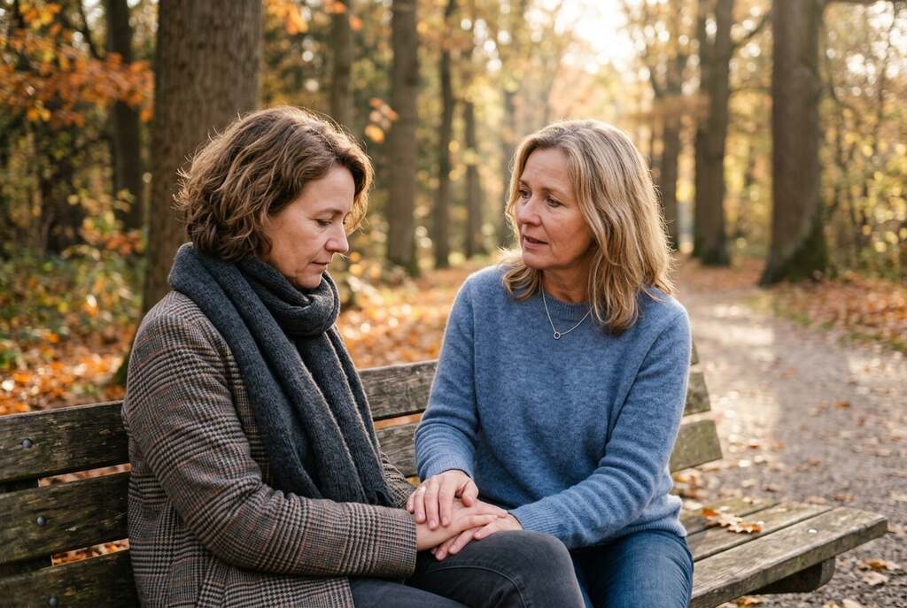 A serene scene depicting two European women sitting on a park bench, deep in conversation. The foreground features close-ups of their contemplative expressions, showing a sense of melancholy yet with warmth in their gaze. One woman, dressed in a soft blue sweater, gently touches her friend's hand, conveying trust and support. In the middle ground, their surroundings include autumn leaves scattered on the path, hinting at the passage of time. The background consists of blurred, tall trees, allowing soft, golden sunlight to filter through, creating a gentle glow. The mood is introspective and peaceful, embodying the search for connection amidst feelings of sadness. Capture this moment with a shallow depth of field, drawing attention to the intimacy of their bond.