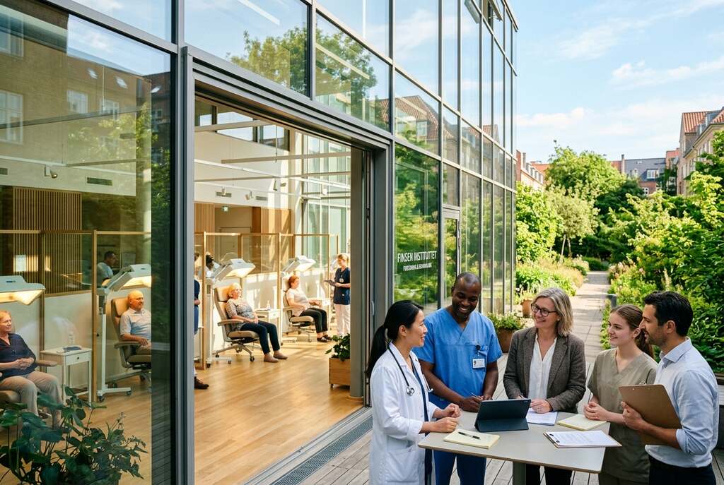 A serene scene of the Finsen Institute in Copenhagen, seamlessly blending treatment and research in a modern, glass-facade building. In the foreground, a diverse group of healthcare professionals, all dressed in professional attire, engage in discussion, showcasing collaboration and innovation. In the middle ground, sunlight filters through the transparent structure, illuminating patients receiving light therapy underneath soft, natural lighting. In the background, lush greenery adds a touch of nature, enhancing the healing atmosphere. The image captures a sense of calm and hope, emphasizing the connection between sunlight and healing. Use a warm color palette to evoke positivity, and ensure the shot is taken at eye level for an inviting perspective. A serene scene of the Finsen Institute in Copenhagen, seamlessly blending treatment and research in a modern, glass-facade building. In the foreground, a diverse group of healthcare professionals, all dressed in professional attire, engage in discussion, showcasing collaboration and innovation. In the middle ground, sunlight filters through the transparent structure, illuminating patients receiving light therapy underneath soft, natural lighting. In the background, lush greenery adds a touch of nature, enhancing the healing atmosphere. The image captures a sense of calm and hope, emphasizing the connection between sunlight and healing. Use a warm color palette to evoke positivity, and ensure the shot is taken at eye level for an inviting perspective.