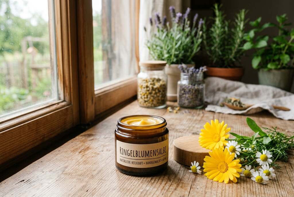A serene setting featuring a wooden table topped with a fresh jar of Calendula ointment (Ringelblumensalbe) next to vibrant yellow marigold flowers and delicate white chamomile blossoms. In the foreground, the jar is open, revealing the creamy consistency of the salve. Soft, diffused natural light streams in from a window to the left, casting gentle shadows and enhancing the rich colors of the flowers. In the background, softly blurred herbs and a few additional calming plants create a peaceful atmosphere, evoking a sense of natural remedy and healing. The mood is soothing and inviting, perfect for a holistic wellness theme. A close-up perspective draws viewers into the natural beauty of the ingredients.