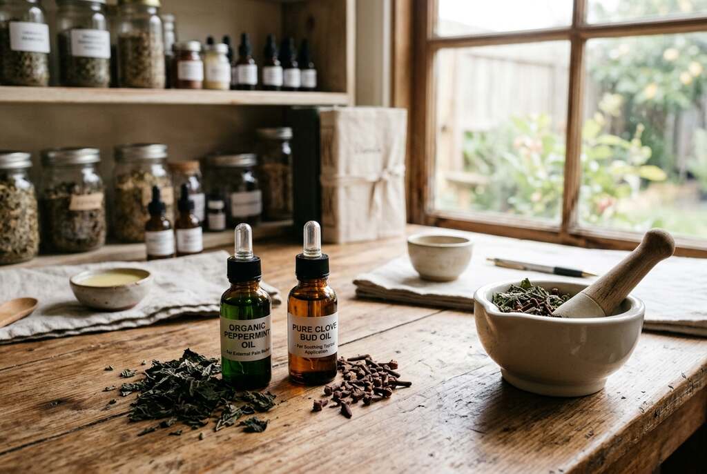 A serene workspace showcasing the efficacy of peppermint oil and clove oil for external pain relief. In the foreground, a glass dropper bottle of dark green peppermint oil and an amber bottle of clove oil are placed on a wooden table, surrounded by dried peppermint leaves and clove buds. In the middle ground, a mortar and pestle filled with crushed herbs enhance the natural healing theme. Soft, warm lighting illuminates the scene, creating a calming atmosphere that promotes relaxation and healing. In the background, blurred shelves filled with other herbal remedies and a cozy window letting in gentle daylight add depth. The mood is peaceful and inviting, perfect for illustrating natural healing methods.