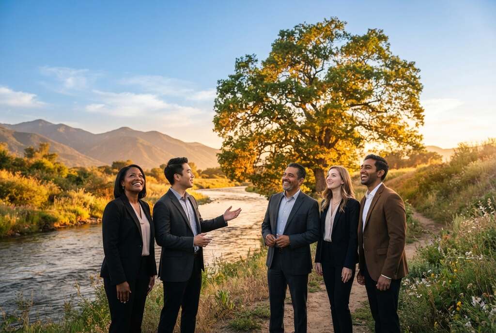 A serene yet motivational scene depicting potential unfolding through positive expectations. In the foreground, a diverse group of individuals, dressed in professional business attire, stands together with hopeful expressions, gazing towards a vibrant tree symbolizing growth and opportunity. The middle ground features a gently flowing river reflecting the warm golden light of a setting sun, symbolizing the journey of personal development. In the background, soft mountains rise under a clear blue sky, conveying a sense of boundless potential. The image should be well-lit with soft shadows creating an uplifting atmosphere, captured from a slightly low angle to emphasize the height of the tree and the aspirations of the individuals. The overall mood should be inspiring and hopeful, highlighting the transformative power of positive expectations.