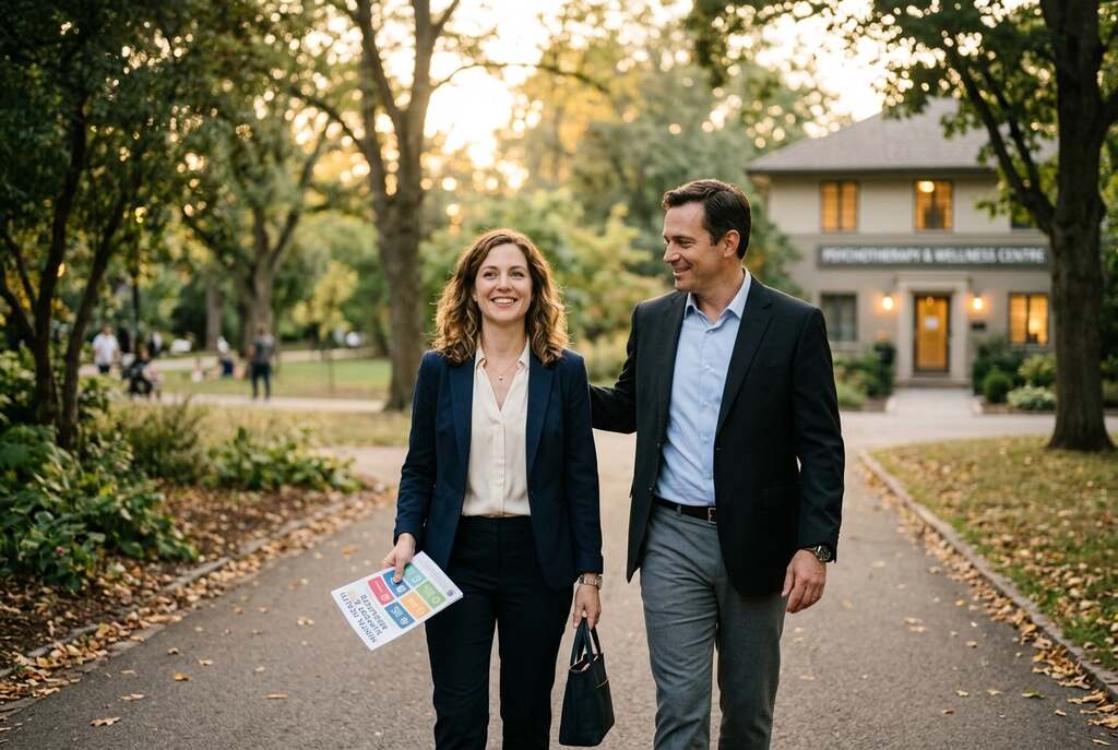 A supportive scene depicting a trusted person accompanying an individual on their journey to seek psychotherapy. In the foreground, a European male and female, both dressed in professional business attire, stand together with a compassionate demeanor. The female, with shoulder-length brown hair, offers a reassuring smile while holding a pamphlet about mental health resources. The middle ground features a serene park setting, with trees and soft, dappled sunlight filtering through the leaves, creating a warm and inviting atmosphere. In the background, a therapy office building is subtly visible. The overall mood is one of hope and support, emphasizing the importance of seeking help. The lighting is soft and natural, mimicking a golden hour sunset, enhancing the comforting and peaceful ambiance.