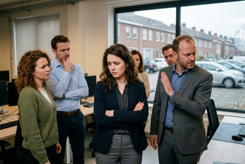 A tense group of European colleagues gathered in a well-lit office setting, all dressed in professional business attire. In the foreground, a young woman displays visible discomfort, her body language tense and arms crossed, as she turns slightly away from a male colleague who has just made a dismissive comment. Her expression reflects unease, while others nearby glance at her, their faces showing varying degrees of concern and discontent. The middle ground captures two other colleagues, one looking down pensively, the other avoiding eye contact, conveying an atmosphere of discomfort and tension. In the softly blurred background, a window reveals a cloudy sky, enhancing the somber mood. The lighting is warm but subdued, creating an intimate yet uneasy ambiance that underscores the group's emotional struggle.