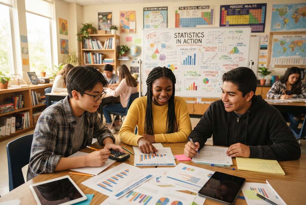 A vibrant classroom scene depicting diverse students engaged in collaborative learning. In the foreground, a group of three students—two boys and a girl—are working together at a table, deeply focused on a series of charts and tests spread out before them. The middle ground reveals a whiteboard filled with colorful diagrams and notes showcasing statistical data. In the background, a warm, inviting classroom filled with shelves of books and educational posters contributes to the atmosphere of intellectual curiosity. Soft, natural sunlight streams in through large windows, creating a bright and optimistic mood. The students are dressed in smart casual clothing, exuding professionalism and engagement. The angle is slightly elevated, capturing the dynamism of interaction and discovery among the students.