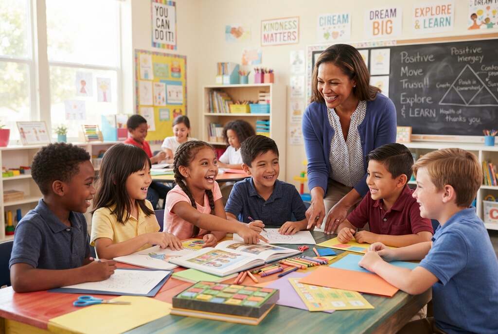 A vibrant classroom scene focused on children's learning motivation and support. In the foreground, a diverse group of children, aged 6-8, are engaged in a collaborative project at a colorful table filled with educational materials like books, art supplies, and learning games. They display expressions of curiosity and enthusiasm. In the middle ground, a supportive teacher, dressed in professional attire, guides the children with a smile, encouraging their questions and interaction. The background shows cheerful classroom decorations, including motivational posters and a chalkboard with positive messages. Soft, natural lighting enters through large windows, creating a warm, inviting atmosphere that fosters an encouraging environment for learning and expectations. The image captures the essence of nurturing development and the impact of positive expectations on children's education.
