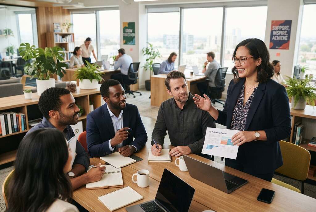 A vibrant office scene showcasing a diverse group of professionals engaged in a constructive feedback session. In the foreground, a mid-30s woman with glasses, dressed in a smart blazer, enthusiastically presents a report to her colleagues. The middle ground features two men, one in a navy suit and the other in a charcoal shirt, nodding in agreement while taking notes. The background reveals a bright, modern office filled with plants and motivational posters, emphasizing a positive work environment. Soft, natural lighting streams through large windows, casting warm shadows. The atmosphere is collaborative and supportive, reflecting the theme of differentiated feedback and its impact on performance. Capture this dynamic scene with a slight aerial angle for depth.