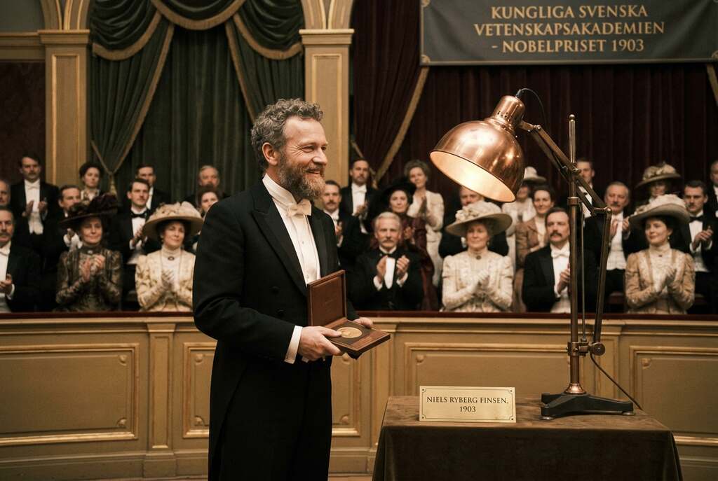 A vintage-inspired scene depicting the Nobel Prize ceremony of 1903, honoring Niels Ryberg Finsen for his pioneering research in medical phototherapy. In the foreground, a distinguished European scientist in formal attire, holding the Nobel diploma, stands proudly beside a light therapy apparatus illuminated by soft, warm sunlight. In the middle ground, a diverse audience, elegantly dressed in period-appropriate attire, watches with admiration. The background features an ornate stage, adorned with historical decorations and soft drapery, creating an atmosphere of celebration and reverence. The lighting is dynamic, highlighting the glow of the sunlight streaming in and casting gentle shadows, evoking a mood of hope and innovation in medical science. A vintage-inspired scene depicting the Nobel Prize ceremony of 1903, honoring Niels Ryberg Finsen for his pioneering research in medical phototherapy. In the foreground, a distinguished European scientist in formal attire, holding the Nobel diploma, stands proudly beside a light therapy apparatus illuminated by soft, warm sunlight. In the middle ground, a diverse audience, elegantly dressed in period-appropriate attire, watches with admiration. The background features an ornate stage, adorned with historical decorations and soft drapery, creating an atmosphere of celebration and reverence. The lighting is dynamic, highlighting the glow of the sunlight streaming in and casting gentle shadows, evoking a mood of hope and innovation in medical science.
