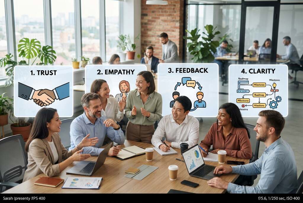 A visually engaging representation of "four factors of interaction quality." In the foreground, depict four distinct sections labeled by visual metaphors: trust represented by a handshake, empathy illustrated with two people sharing a genuine conversation, feedback shown as arrows looping between two figures, and clarity depicted through a clear diagram or roadmap. In the middle ground, create a diverse group of professionals engaged in a meeting, showcasing collaboration in a modern office environment. The background should include large windows with soft natural light illuminating the scene, and plants adding a touch of warmth. The overall mood is positive and dynamic, emphasizing cooperation and understanding among individuals. Use a slightly elevated angle to capture the interaction among the group effectively.