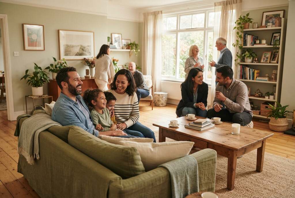 A warm, inviting living room setting filled with diverse individuals engaged in meaningful conversations and interactions. In the foreground, a family of four—parents and two children—are seated together on a cozy couch, sharing smiles and laughter. In the middle, a couple in professional attire is having an intimate discussion at a well-decorated coffee table, showcasing connection and understanding. In the background, soft natural light filters through large windows adorned with light curtains, giving a sense of openness and warmth. The atmosphere is one of empathy and connection, highlighting the subtle yet powerful influence of expectations in personal relationships. The scene should evoke feelings of trust and intimacy, with a calm color palette of soft greens and warm wood tones, captured with a wide-angle lens to encompass the warm ambiance.
