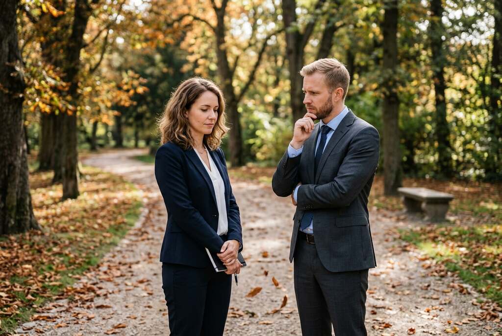 Two European individuals in professional business attire stand in a serene park, taking a conversation break amidst a heated discussion. The foreground captures their expressions—one person, a woman with shoulder-length brown hair, appears contemplative, while the man, with short blond hair and a neatly trimmed beard, looks thoughtful. In the middle ground, a subtle tension lingers as scattered leaves swirl around them, hinting at the emotional weight of their exchange. The background features softly blurred trees and a gentle, dappled sunlight filtering through the branches, creating an atmosphere of calm yet intense reflection. The composition is shot from a medium angle, capturing both individuals and their environment in rich detail, reflecting the themes of conflict resolution and moments of clarity on the path to happiness.